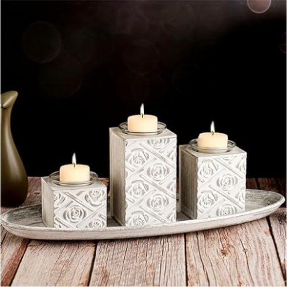 Noamus Other - Set of 3 / 3 Sizes - Tealight / Votive Candle Holders with Wooden Stands & Tray
